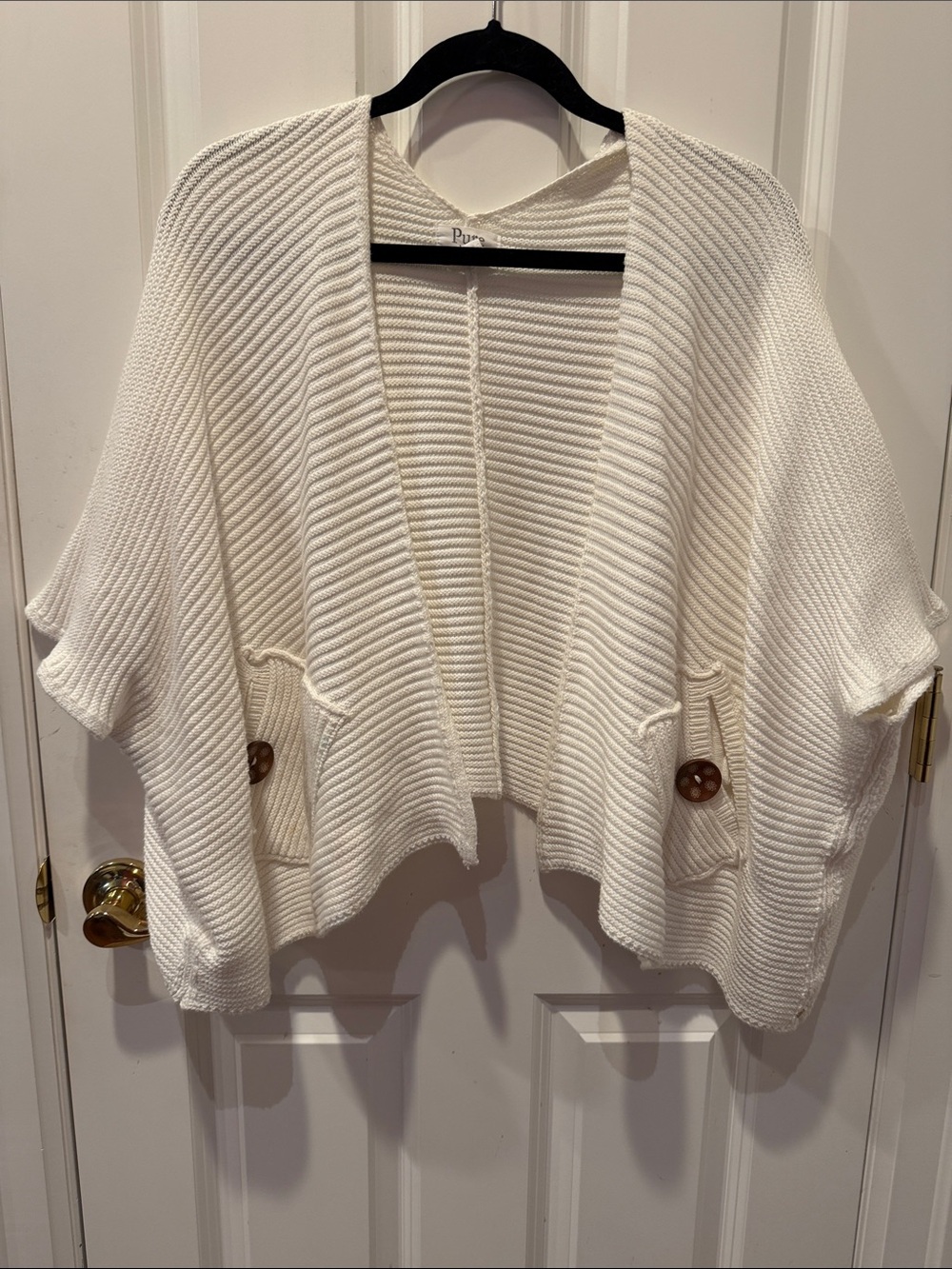 Cream Ribbed Open-Front Poncho Cardigan with Button Pockets